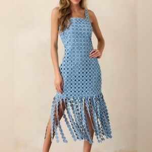 Blue & White Midi Dress with Polka-Dot and Fringe Details